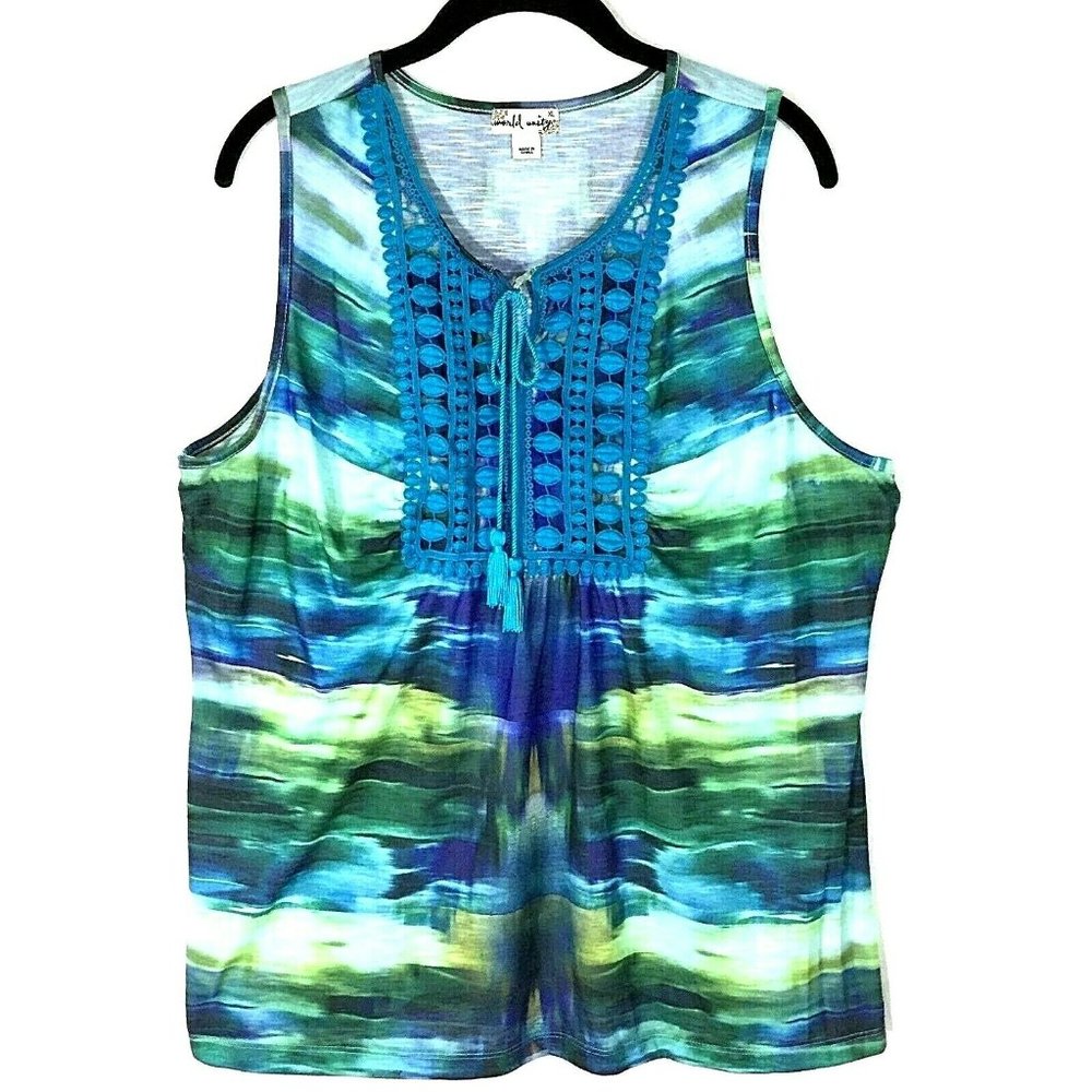 World Unity Crochet Placket Sleeveless Top Size XL Blue Green
